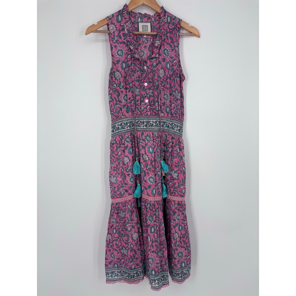 Bell Pink Floral Block Print Silk Blend Tiered Tassel Midi Dress Womens S